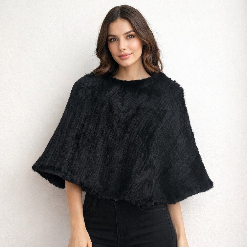 Rabbit For Woven Black Short Cape Poncho OS